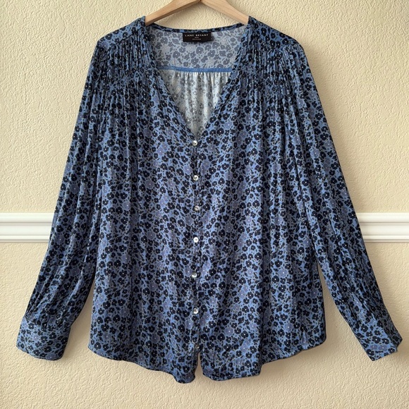 Lane Bryant Ruched Button-Front Knit & Woven Blouse Blue Floral Plus Size 14/16 - Picture 1 of 11